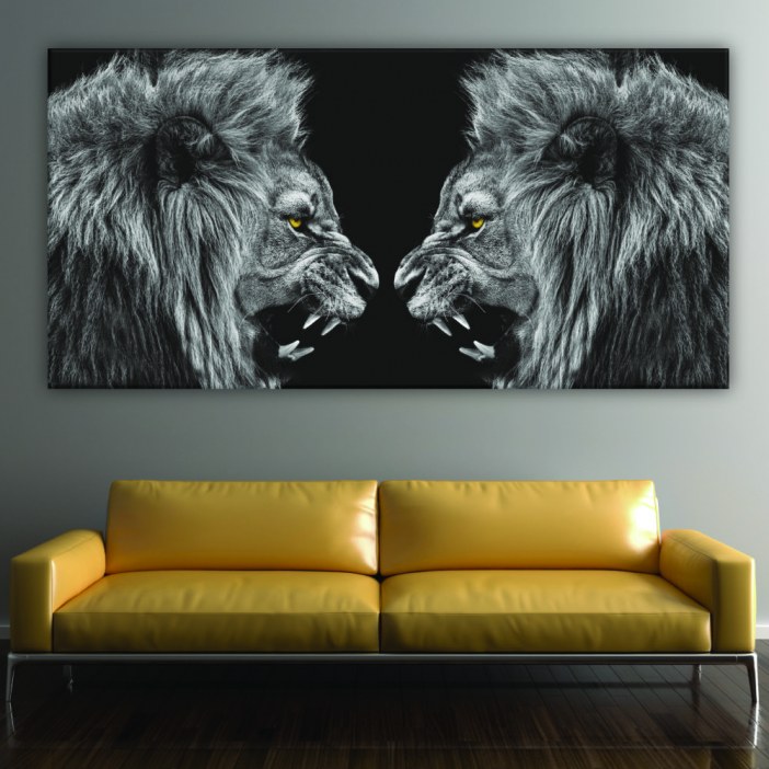 Quadro duas cabeças de leão preto e branco