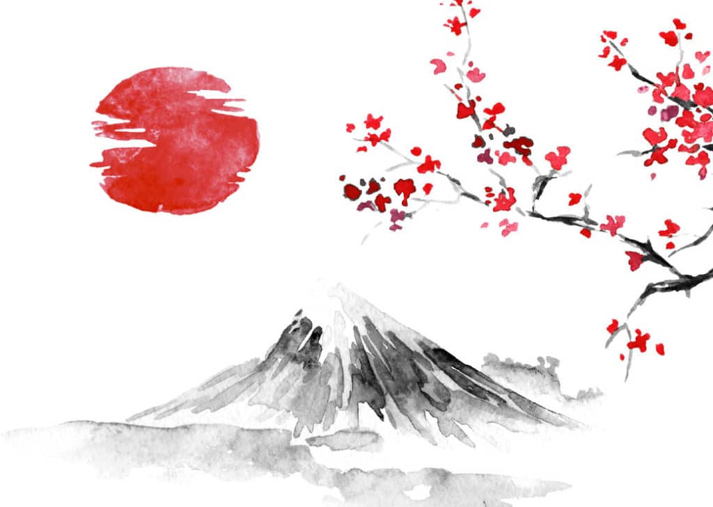 Tableau Japonais représentant une montagne et un cerisier