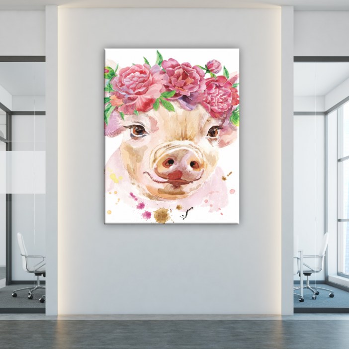 Quadro porco com coroa de flores