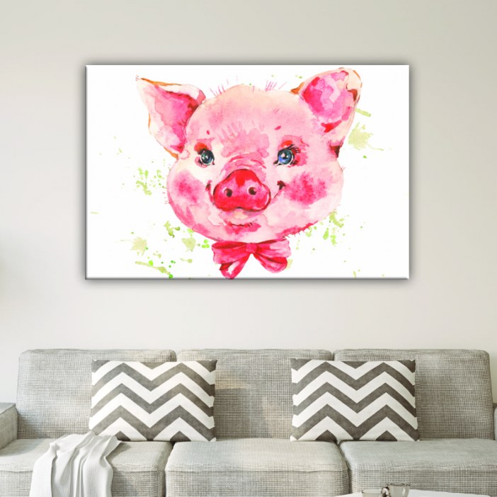 Quadro porco com laço rosa
