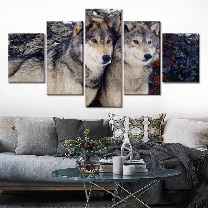 Tableau couple de loups gris