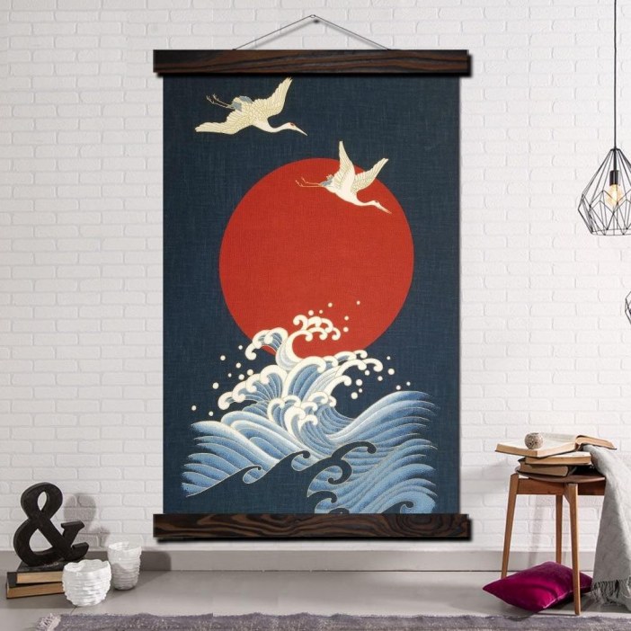Tableau grue mer et soleil Tableau Japonais Tableau Monde