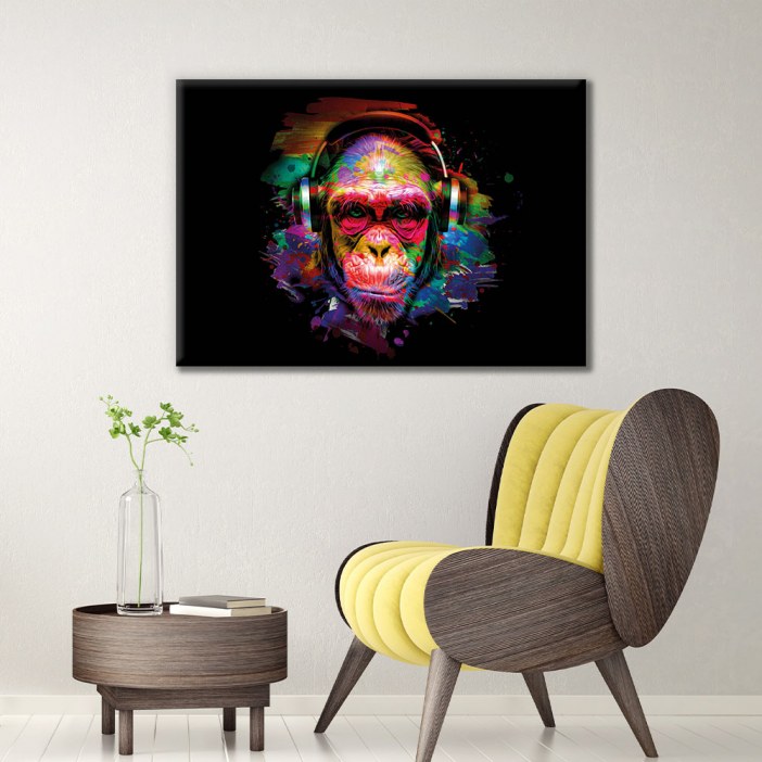 Tableau singe avec casque pop art Tableau Singe Tableau Animaux Tableau Pop Art format: Horizontal