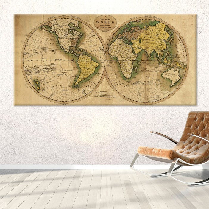 Quadro mapa do mundo vintage amarelado