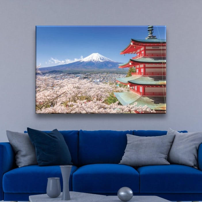 Quadro oriental japonês a montanha e o templo