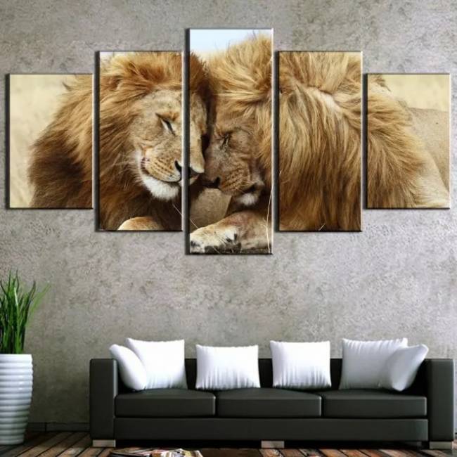 Quadro africano par de leões apaixonados