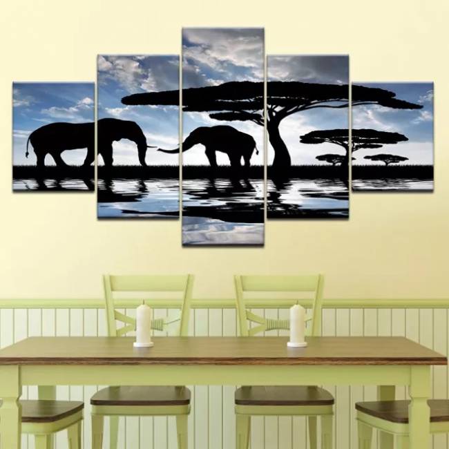 Quadro elefantes africanos à sombra de uma árvore
