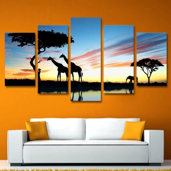 Quadro africano girafas e elefante na savana