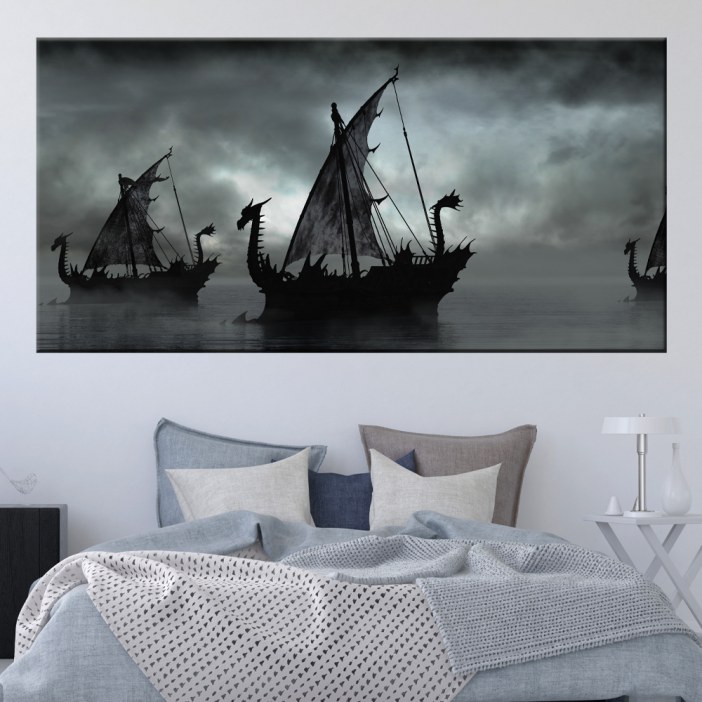 Quadro navios Viking e um lago com nevoeiro